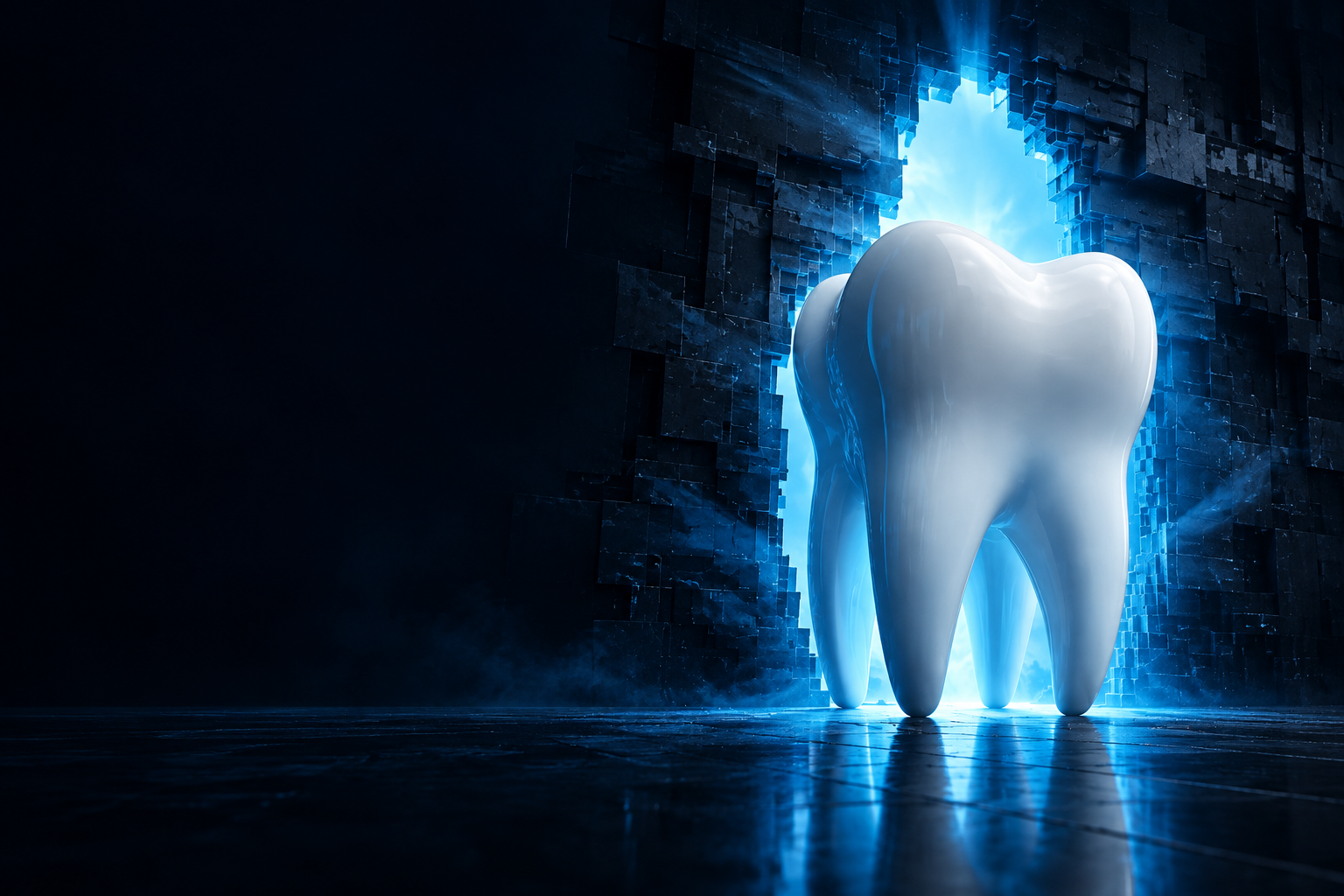 A white tooth emerging through a luminous cyan opening in a dark architectural wall.